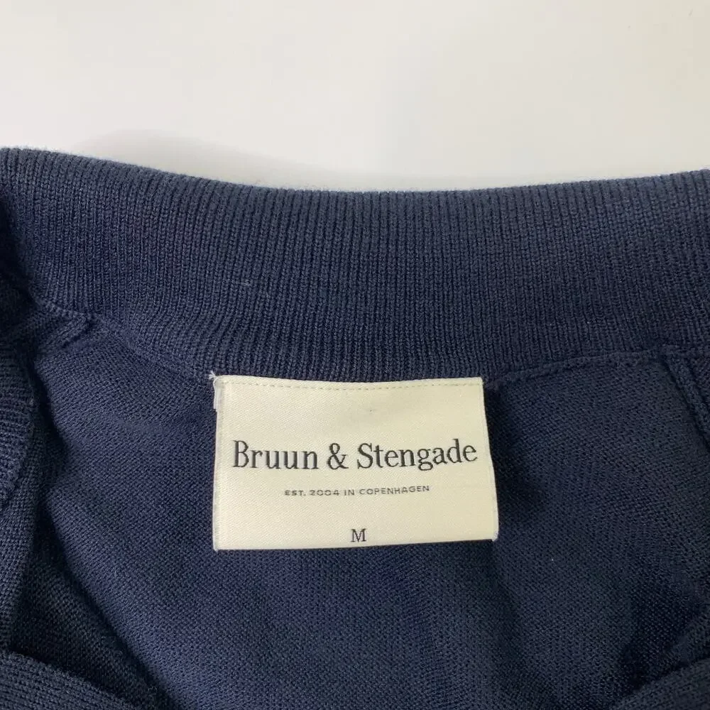 Bruun & Stengade Sweater Mens M Medium Navy Knitted Full Zip Mock Neck Cardigan